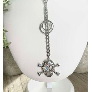 Silver Skull Pendant Necklace Rhinestone Crossbones Statement Chain Jewelry